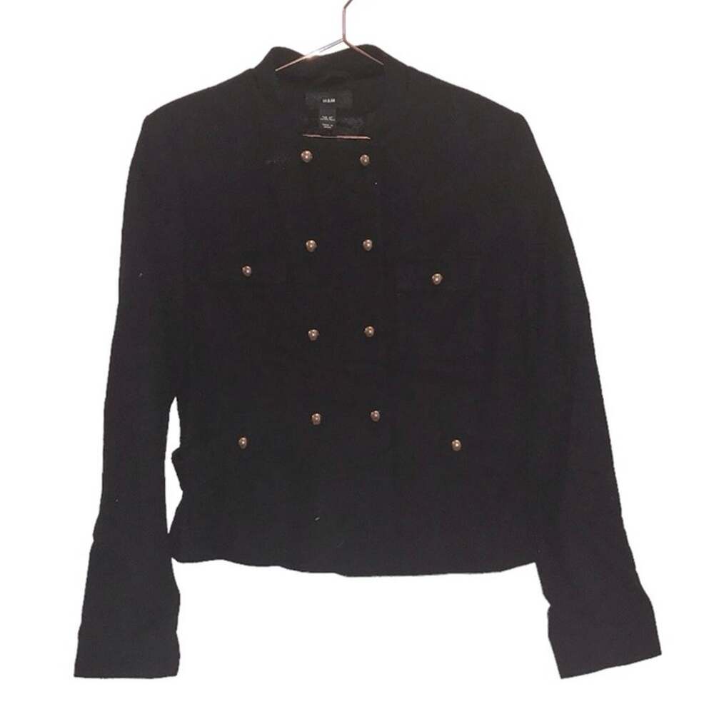 H&M black short double breasted wool blend coat size 10 gold button